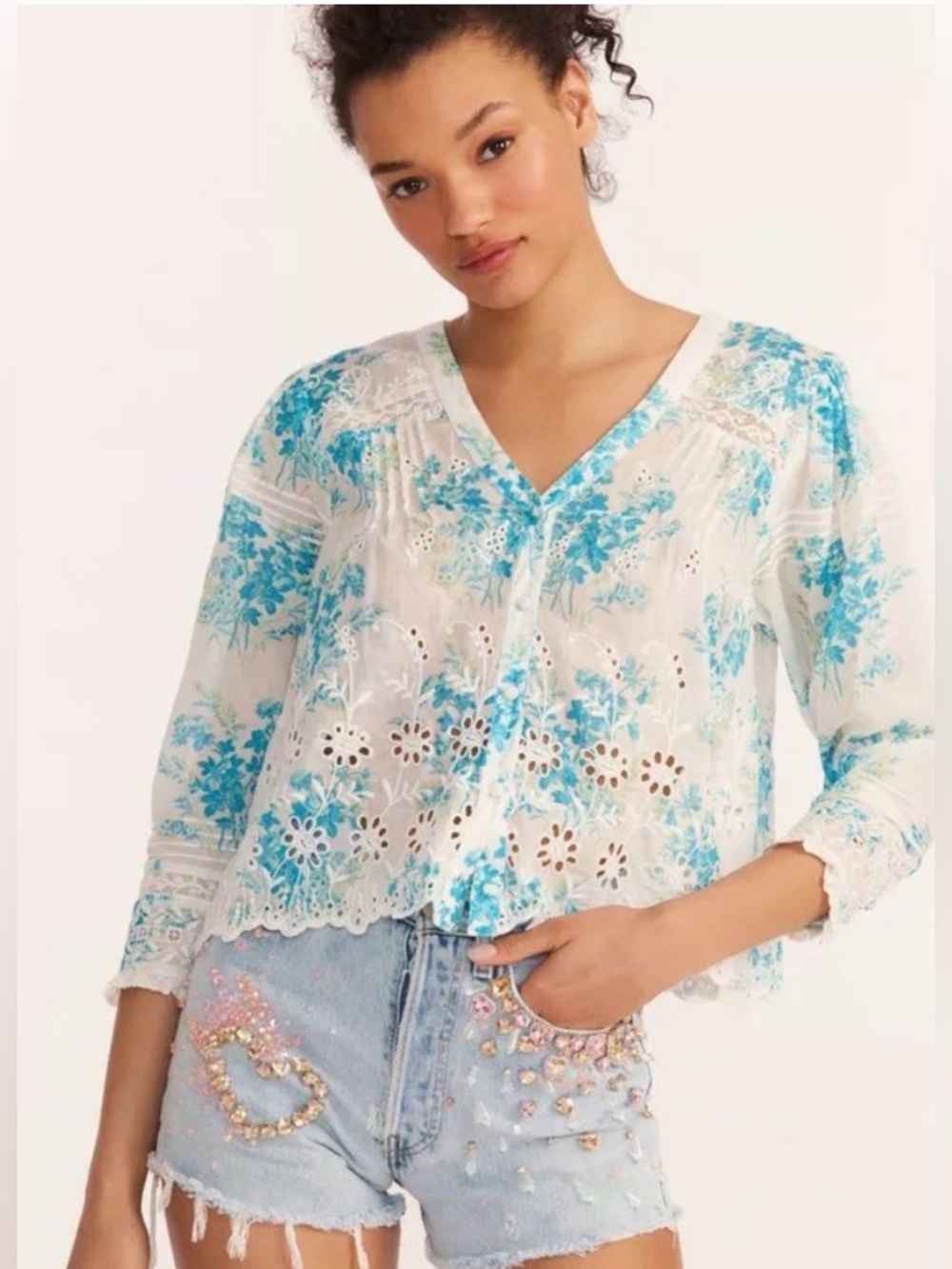 LoveShackFancy Mauro Floral Eyelet Lace Cotton Blouse Magic Turquoise size XS